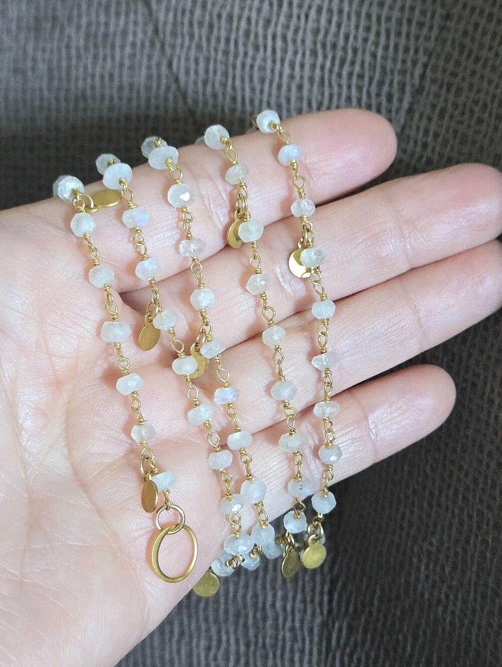 Long Necklace with Stationary Moonstone🌙 Beads and Brushed🖌 Gold💛 Paddles🏓 - Picture 12 of 16